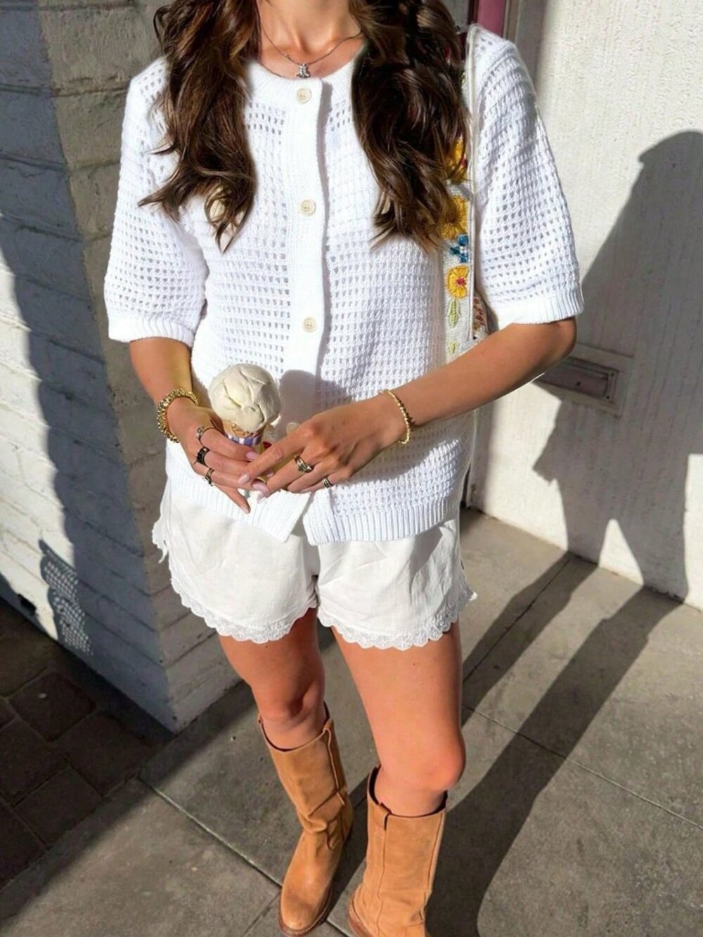 White Casual Knit Women's Short Sleeve Cardigan with Buttons - Picture 4 of 10